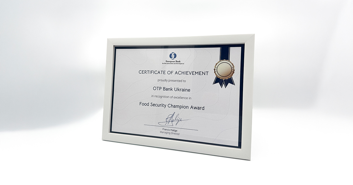 ОТП БАНК отримав нагороду від ЄБРР «Чемпіон продовольчої безпеки»